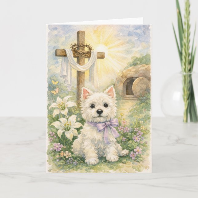 Religious Easter Westie Watercolor Card Kort (Framsida)