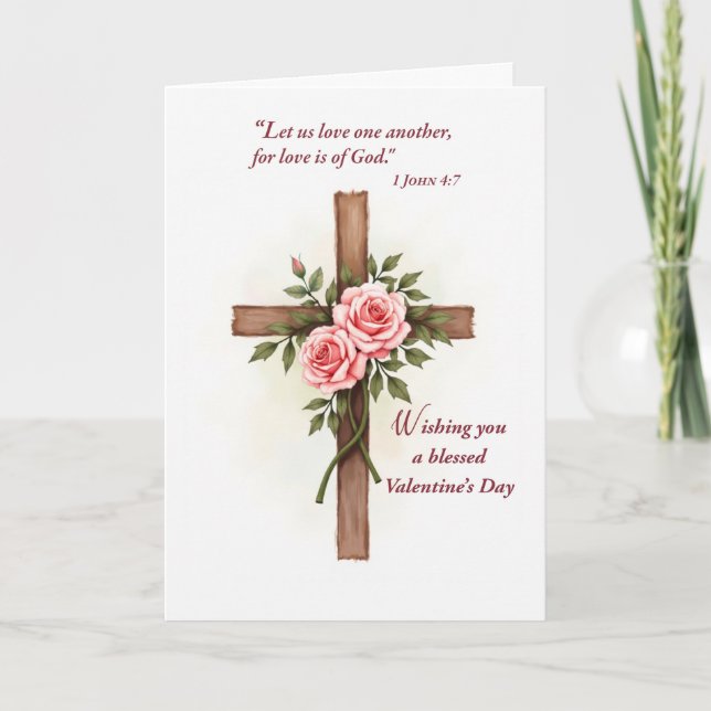 Religious Valentine’s Day Cross Roses Scripture Kort (Framsida)