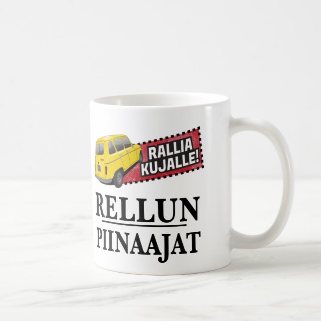 Rellun piinaajien sananmuunnoshuumoriaen, muki kaffemugg (Höger)