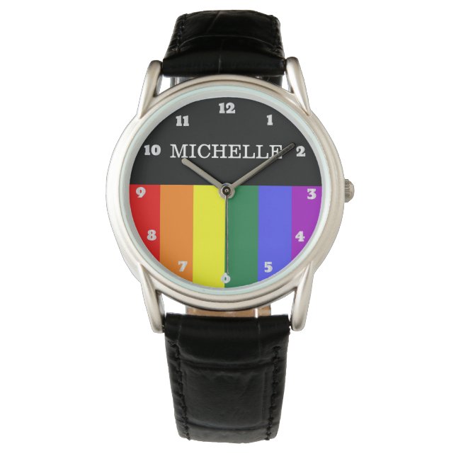 Relógio Couro Orgulho Gay Rainbow Personalizado Armbandsur (Framsida)