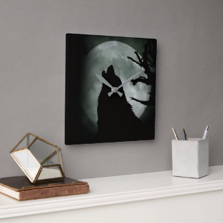 Reloj de Pared - Lobo Aullando a la luna Llena  Fyrkantig Klocka