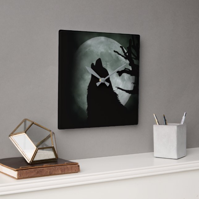 Reloj de Pared - Lobo Aullando a la luna Llena  Fyrkantig Klocka (Kontor)
