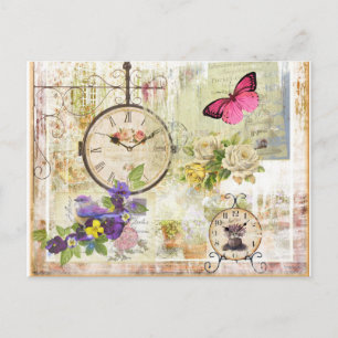 Reloj y mariposa rosa vintage con flor violeta vykort