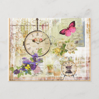 Reloj y mariposa rosa vintage con flor violeta vykort