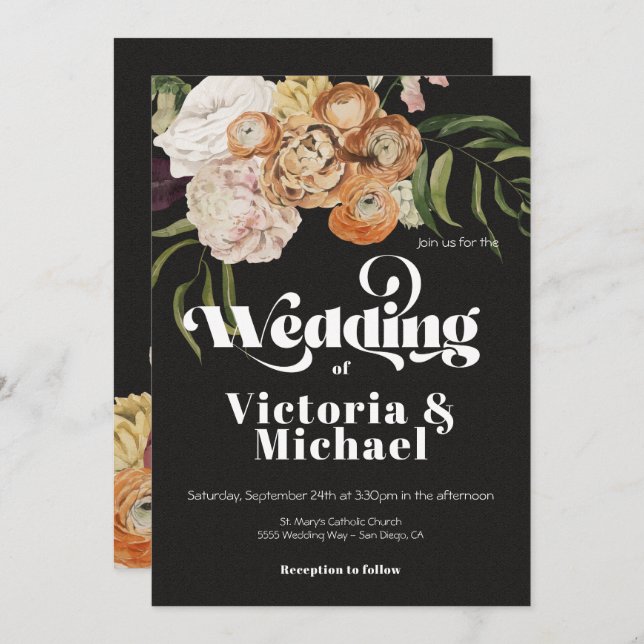 Rembrandt Autumn Fall Blommigt Mörk & Moody Bröllo Inbjudningar (Fram/baksida)