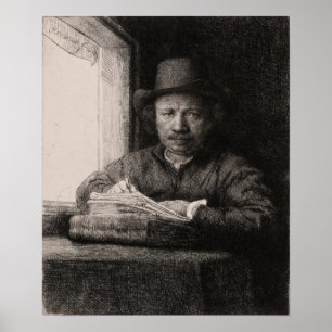 Rembrandt - Self-Porträtt Teckning vid fönster Poster