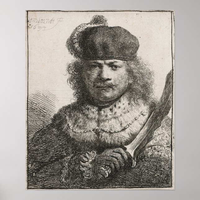 Rembrandt - Self-Porträtt with Razed Saber 1634 Poster (Framsidan)