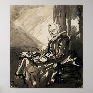 Rembrandt - sittande kvinna med öppen Bok på henne Poster