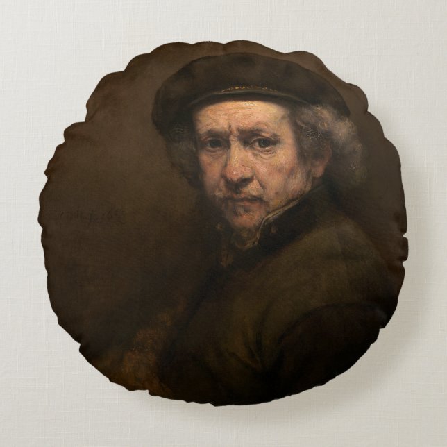 Rembrandt Självporträtt: Dutch Golden Age Painter Rund Kudde (Framsidan)