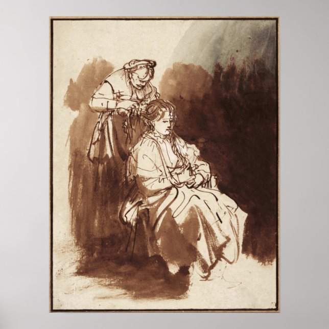 Rembrandt - Unga kvinnor med hårbraid 1635 Poster (Framsidan)