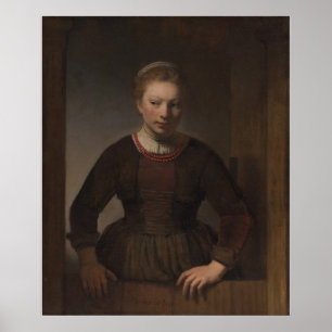 Rembrandt - Young Woman på en öppen halvdörr Poster