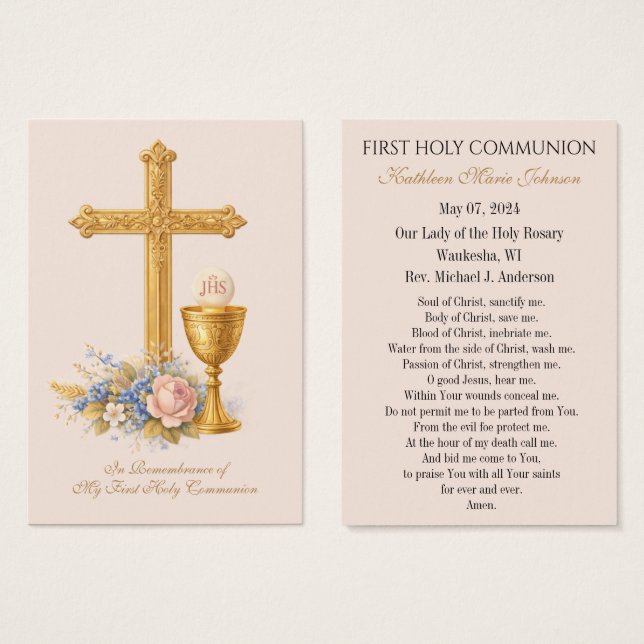 Remembrance Prayer Card for First Holy Communion Visitkort (Framsida & baksida)