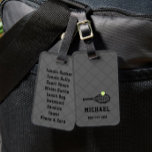 Reminder-påfyllnad för sommarläger, Märkre - tenni Bagagebricka<br><div class="desc">Behöver ditt barn eller tonåring (eller dig själv) en påminnelsechecklista över vad du ska packa för tennis sommarläger eller en turneringsdag vid domstolarna? Vår personlig plastpåse-märkre visningar en permanent förpackningslista på baksidan och din namn och kontaktinformation på framsidan, och i svart och grått är den underskattad, men den är alltid...</div>