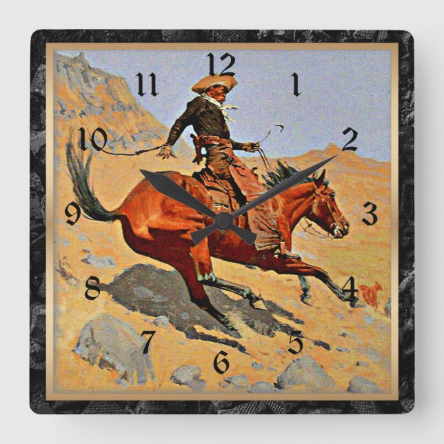 Remington: Cowboy, amerikansk cowboy-konst Fyrkantig Klocka (Framsida)
