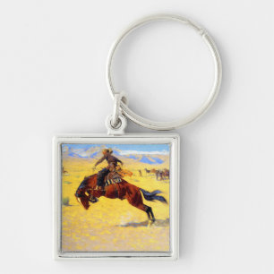Remington Gammala västern Horse and Cowboy Fyrkantig Silverfärgad Nyckelring