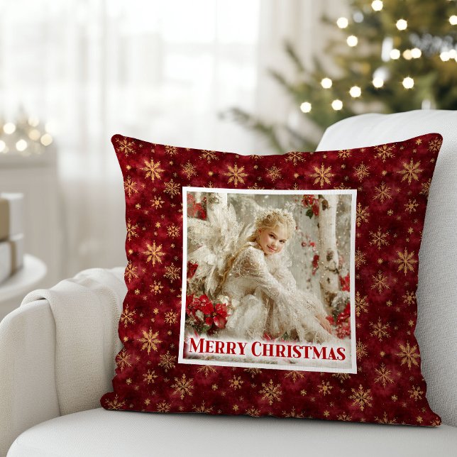 Ren Änglalik Röd Poinsettia Julpresent Kudde (Pure Angelic Poinsettia Christmas Gift Pillow)