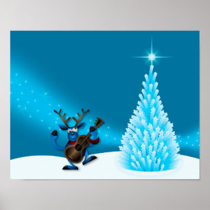 Ren Dansar Gitarr God Jul Träd Blå Poster