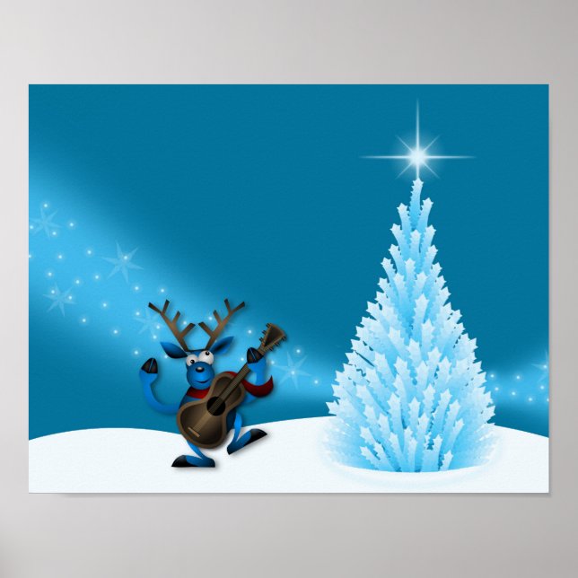 Ren Dansar Gitarr God Jul Träd Blå Poster (Framsidan)