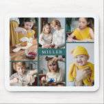 Ren Elegant-skalfamilj 6 fotokollage Musmatta<br><div class="desc">Fotomusmattan med en fotokollage av sex foton som omger familjen namn i en ren,  minimalistisk design i vit och mörk teal.</div>