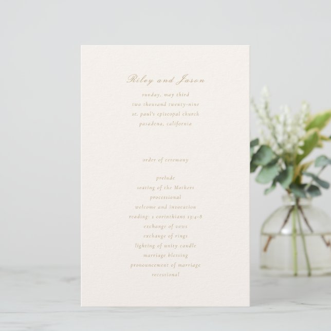 Ren Ivory och Guld Elegant Bröllopsprogram (Stående Fram)
