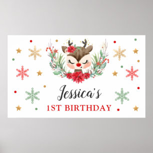 Ren Jul 1-års Födelsedag Vinter Hjort Banner Poster