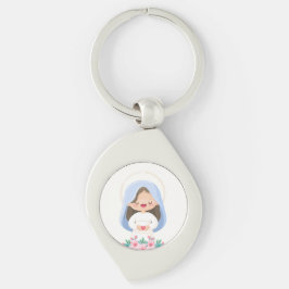 Ren Kawaii Jungfru Maria med hjärta - Vit Swirl Silverfärgad Nyckelring