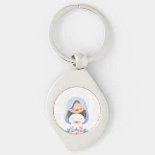 Ren Kawaii Jungfru Maria med hjärta - Vit Swirl Silverfärgad Nyckelring