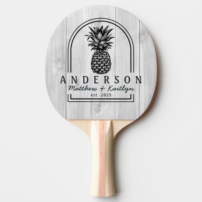 Ren Ljusgrå Trä Ananas Bröllopsbåge & Namn Pingisracket (Framsidan)