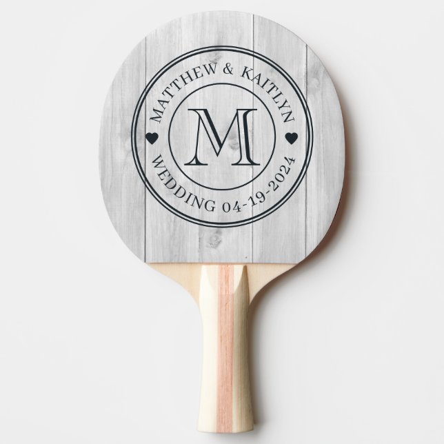 Ren Ljusgrå Trähjärtmonogram för Bröllop Pingisracket (Framsidan)