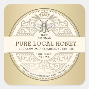Ren lokal honungsordatsetikett Metallic Guld Bee Fyrkantigt Klistermärke