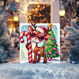 Ren med sockerrör och julgran julkort