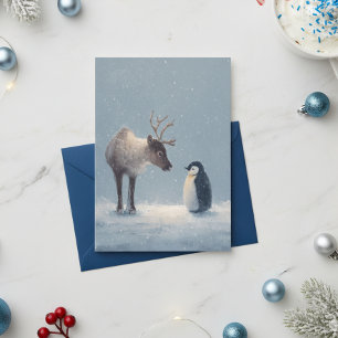 Ren och pingvin julhelg julkort