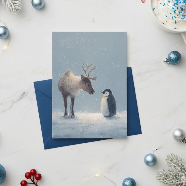 Ren och pingvin julhelg julkort (Skapare uppladdad)
