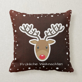 Ren och snö på röda Fröhliche Weihnachten Kudde