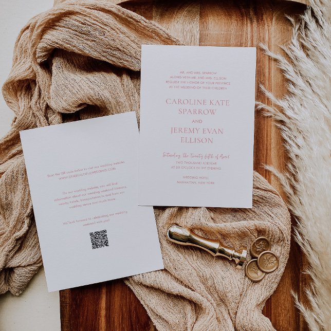 Ren Pink QR-kod Elegant Bröllop Inbjudningar (Skapare uppladdad)