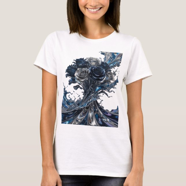 Ren Silver BLÅ OCH VITA ROSOR Textdesign T Shirt (Framsida)
