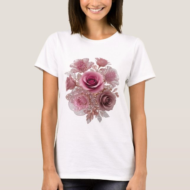 Ren Silver ROSBOKETT 3D Textkonst T Shirt (Framsida)