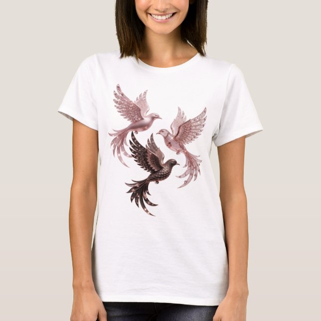 Ren Silver THREE ROSE GOLD BIRDS Slogan T-shirt (Framsida)