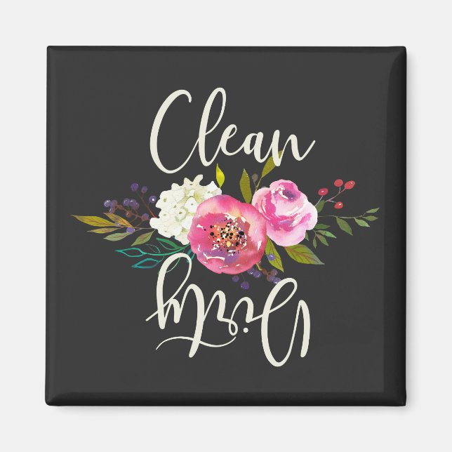 Ren/smutsig, Rosa Boho blommigt Dishwasher Magnet (Framsidan)