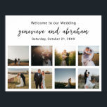Ren Svartvit Modern Bröllopsfotografi Poster<br><div class="desc">Modern bröllops välkomstskylt affisch med en enkel och minimalistisk vit design med en fotokollage av åtta av dina favoritbilder.  Ovanför dina bilder står "Välkommen till vårt bröllop" tillsammans med era namn i ett elegant skrivsätt och datum för bröllopet.</div>