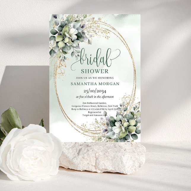 Ren Trädgård Eukalyptus Guld Bröllopsfestinbjudan Inbjudningar (Pure Garden Eucalyptus Gold Bridal Shower Invitation)