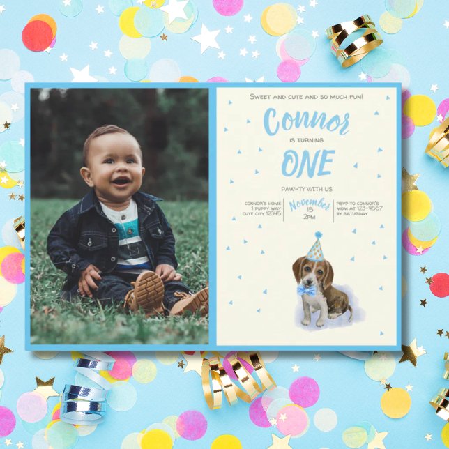 Ren valp 🐶 Basset Hound First Birthday Boy Inbjudningar (Pure Puppy 🐶 Basset Hound First Birthday Boy Invitation)