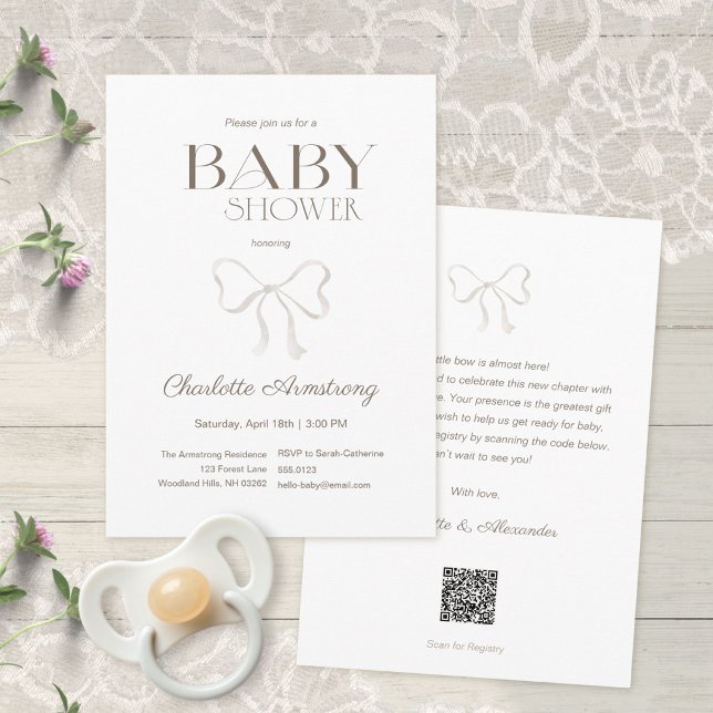 Ren Vit Akvarellbåge Babyfirande Inbjudningar (Clean White Watercolor Bow Baby Shower Invitation ©Susanne Sachers - Sunny Mind 🌞)