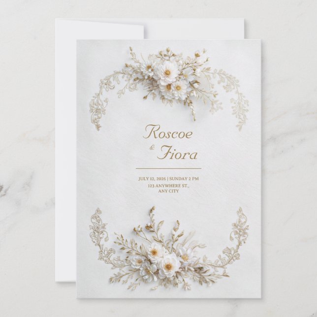Ren Vit Blommig Guld Vin Elegant Bröllop Inbjudningar (Framsida)