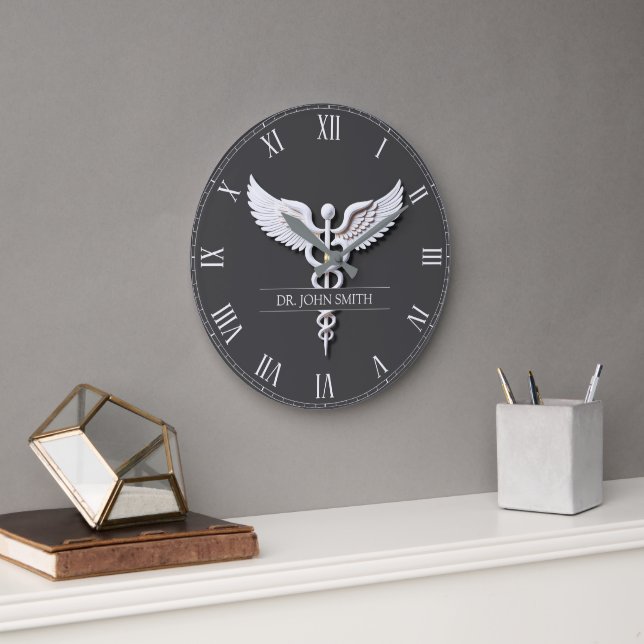 Ren vit detaljerad medicinsk Caduceus Anthracite Stor Klocka (Kontor)