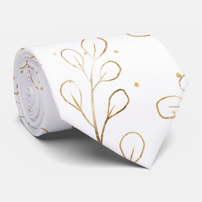 Ren Vit & Guld Kontur Eukalyptus Bröllop  Slips (Rullad)