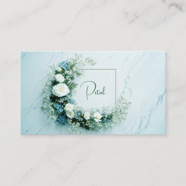 Ren vit ros och blå blomstermarmor visitkort (Framsida)