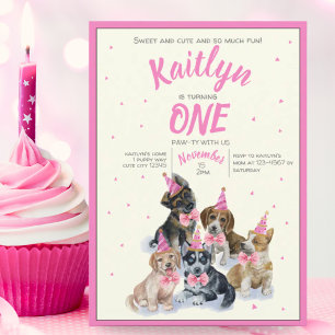 Rena hundvalpen 🐶 Rosa Födelsedagsfest för de ära Inbjudningar