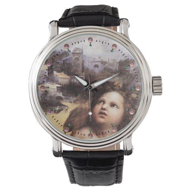 RENAISSANCE ANGEL IN LANDSCAPE,Rosa Gemstones Armbandsur (Framsida)