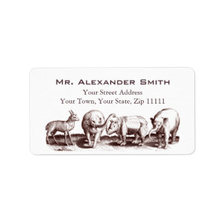 Renaissance Animal Engrave Elephants, Rhino Adressetikett